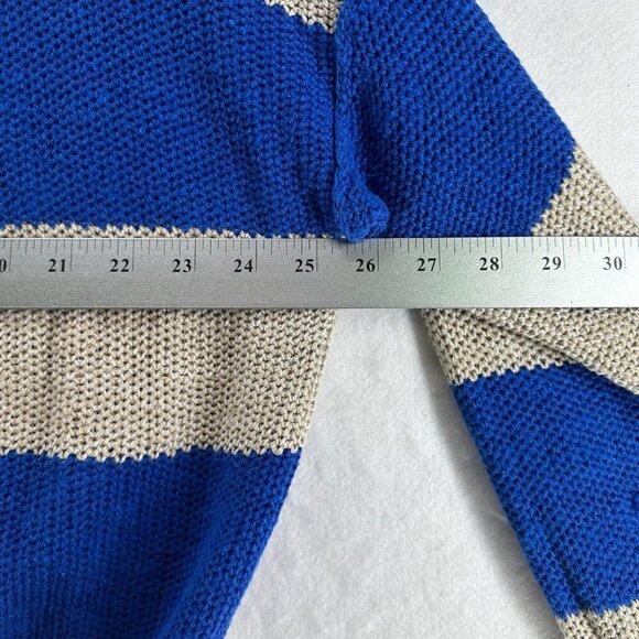 Free People Sweater Size L Cassidy Off The Shoulder Striped Tie Neck Tunic Blue - Picture 9 of 11